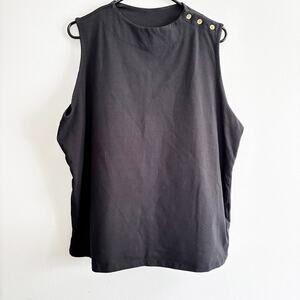 Jessica London Sz L (18-20) Black Sleeveless Knit Top Round Neck Gold Buttons